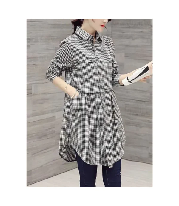 Collar Long Sleeve Button Down Blouse Small Grid