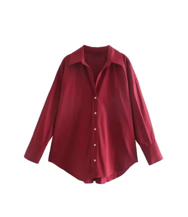 Plus Size Button Up Blouse For Ladies Wine Red Color